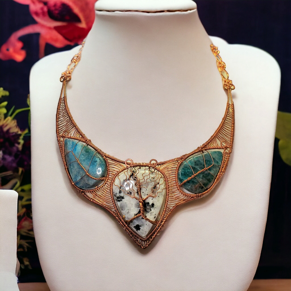 Natural Rainbow Moonstone bib necklace heady copper wire wrap choker Apatite le - Picture 2 of 10